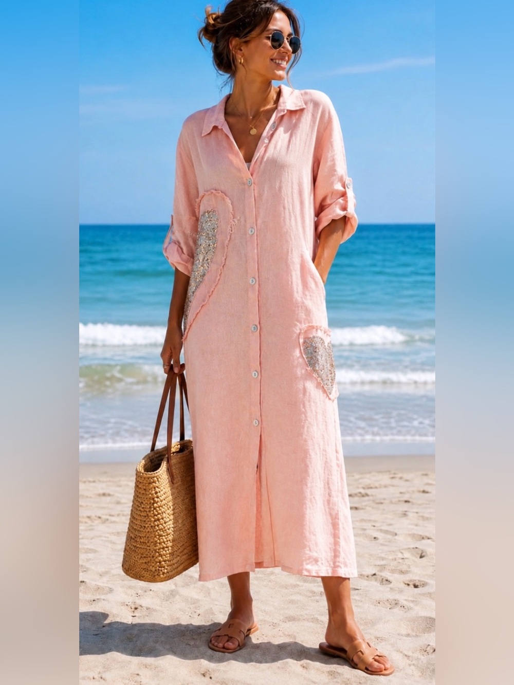 Women's Pink Linen Button-Front Beach Cover-Up Dress